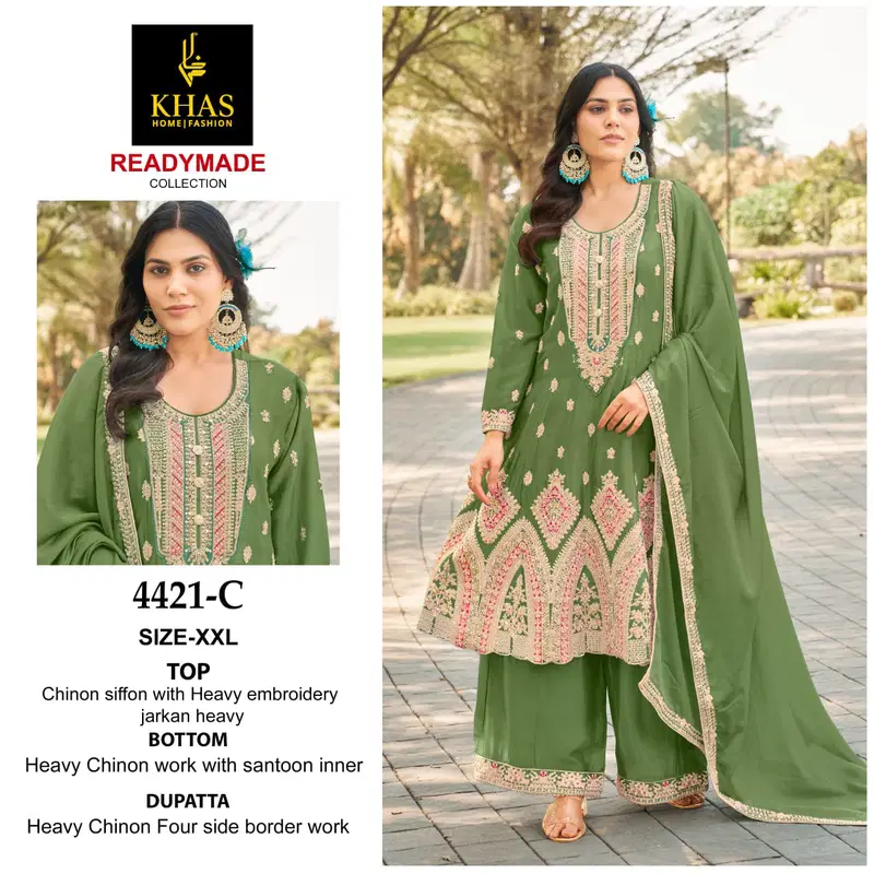 4421 Khas Chinon Silk Pakistani Readymade Suits Surat Wholesale Market